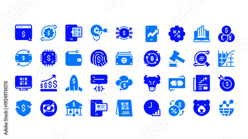 Professional blue financial services icon set including secure payments, savings, loans, investment, insurance, and banking operations symbols.