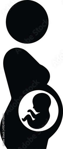 Black silhouette icon representing a pregnant woman showing a developing fetus inside her womb