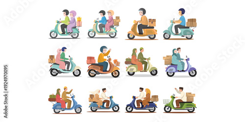 Muslim People Going Back Home by Motorbike Set