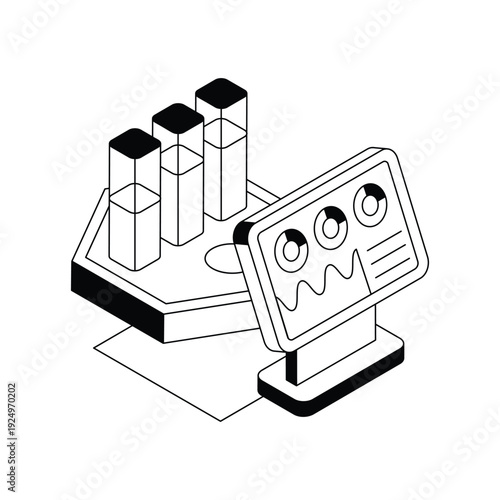 Isometric Data Visualization Featuring Bar Charts and Monitor Graphs.