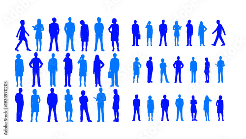 Collection of blue human silhouette icons in various poses and group arrangements. Represents teamwork, community, leadership, workforce, and social interaction concepts.