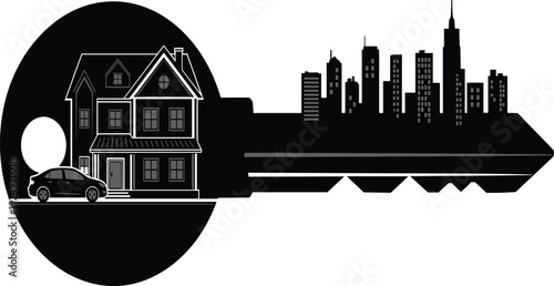Real Estate Concept Illustration of House and City Skyline Silhouette Inside a Key for Mortgage Banking Property Investment and Home Ownership