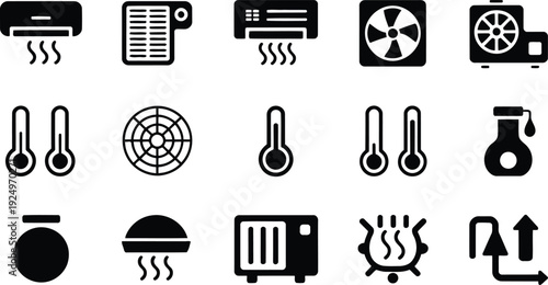 Collection of black glyph icons representing heating, ventilation, and air conditioning systems with temperature controls