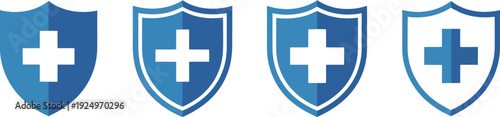 Collection of blue medical shield icons representing health protection and safety symbols
