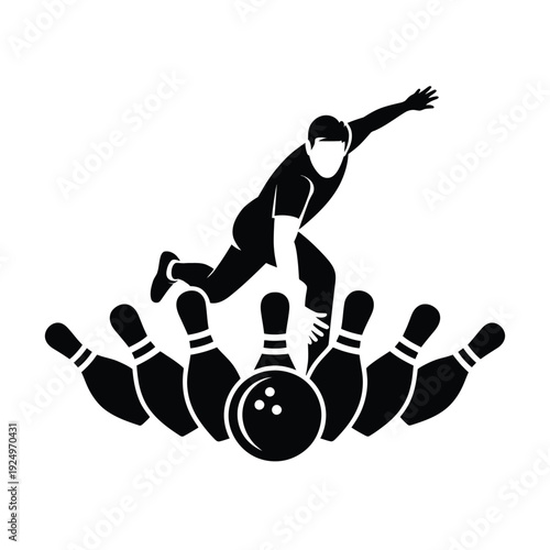 Dynamic bowler executing a powerful throw over scattered bowling pins and a rolling ball isolated on white background, Vector, illustration