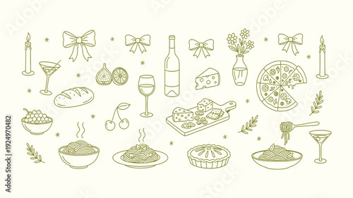 Italian themed elements including pasta, pizza, wine, cheese, candles, and fruit, creating a decorative pattern for culinary events, menus, or celebration designs