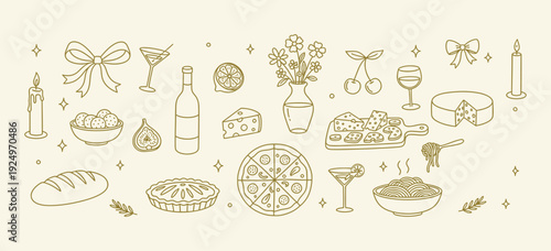 Italian themed elements including pasta, pizza, wine, cheese, candles, and fruit, creating a decorative pattern for culinary events, menus, or celebration designs