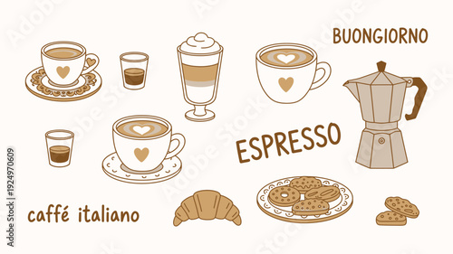 Assortment of italian coffee types, a moka pot, croissant, and cookies with espresso, caffè italiano, and buongiorno text, representing a traditional morning experience