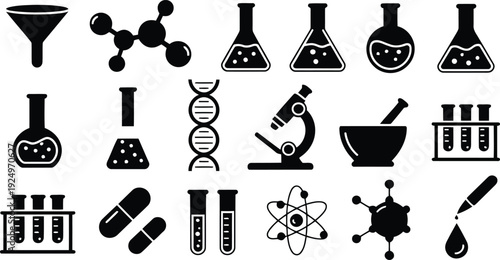 Comprehensive collection of black silhouette icons depicting scientific instruments, DNA, molecules, and lab glassware on white