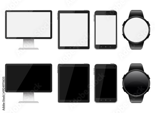 Variety of electronic devices with blank screens for customizable design.