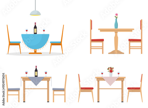 Four dining table setups: formal wine service, casual flowers, and placemats.