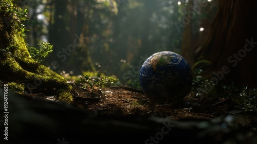 Wallpaper Mural A glowing Earth globe rests on a forest floor surrounded by moss and trees, symbolizing nature and environmental preservation. Torontodigital.ca