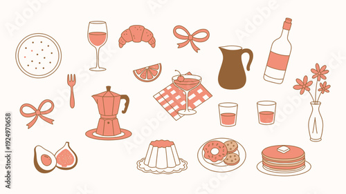 Collection of stylized food and drink elements from a cafe or breakfast menu, including coffee, croissants, cocktails, pancakes, and fruit, creating a cozy dining concept