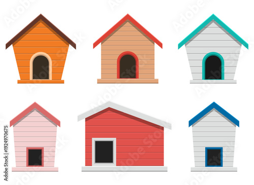 Colorful cartoon doghouses showcase different styles and architectural design.