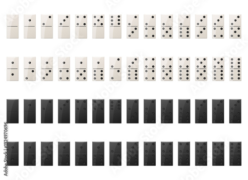 Rows of dominoes in varying arrangements, black and white for game strategy.