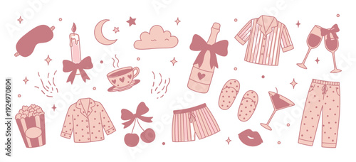 Set of hand drawn illustrations featuring sleepwear, a sleep mask, slippers, popcorn, drinks, a candle, and other cozy elements for a nighttime pajama, slumber party, or self-care theme
