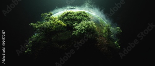 Wallpaper Mural A green, lush planet partially covered with vibrant trees emerging from darkness, symbolizing nature and Earth"s vitality. Torontodigital.ca