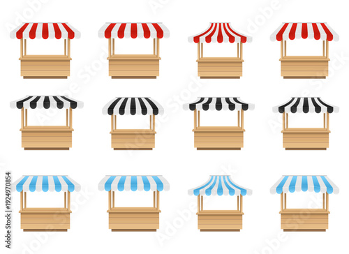 Various marketplace stalls with different colored striped awnings arranged evenly.