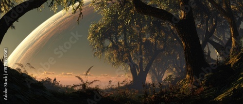 Wallpaper Mural A surreal forest scene at dusk with giant trees silhouetted against a glowing sky and a massive, ringed planet looming on the horizon. Torontodigital.ca