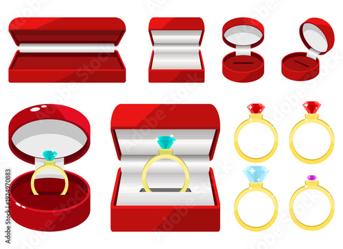 Various red jewelry boxes and gold rings with colorful gem stones.