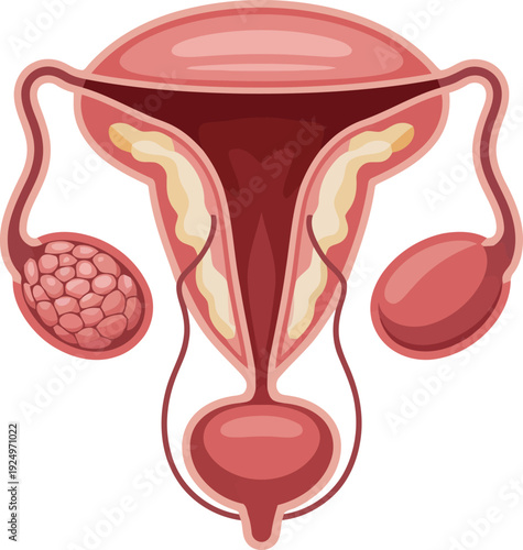 Detailed anatomical illustration showcasing the internal structures of the female human reproductive system including ovaries and uterus