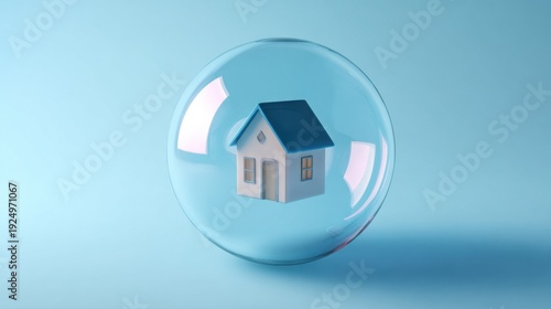 Wallpaper Mural A small house enclosed inside a transparent protective bubble against a light blue background. Torontodigital.ca