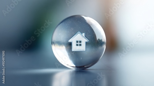 Wallpaper Mural A transparent glass sphere with a white house icon inside, symbolizing home, real estate, or property investment on a smooth, reflective surface with a blurred background. Torontodigital.ca
