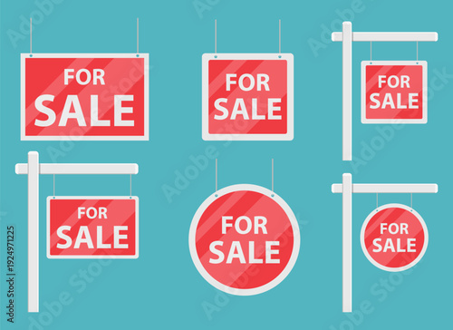 Assorted shapes of red and white real estate 'For Sale' signs illustration
