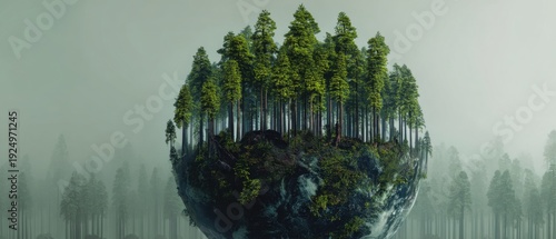 Wallpaper Mural A dense forest of tall evergreen trees grows atop a floating spherical landmass surrounded by misty, muted green skies. Torontodigital.ca