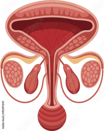 Detailed anatomical view of the male bladder and surrounding glands for educational and medical purposes