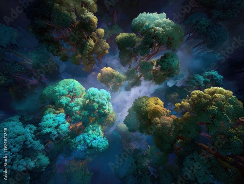 Wallpaper Mural A surreal aerial view of brightly colored, dense tree canopies glowing under soft, mystical light in a dark, foggy forest atmosphere. Torontodigital.ca