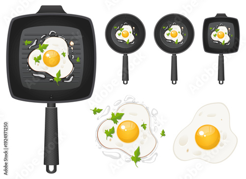 Various cartoon-style fried eggs, some in pans, some without, and all sunny-side up