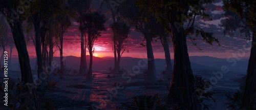 Wallpaper Mural A serene forest at sunset with tall trees silhouetted against a vibrant red and purple sky over distant hills. Torontodigital.ca