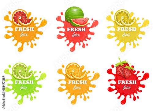 Colorful fresh fruit juice splash vector icons with various fruit toppings.