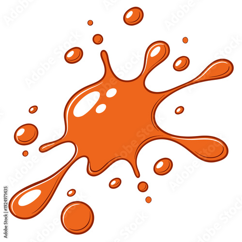 A bright orange paint splatter with rounded droplets radiating outward from a central blob. It has a smooth, cartoon-like style with glossy highlights, giving it a playful and eye-catching look.