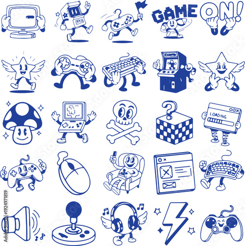 Retro Gaming Doodle Icons Set