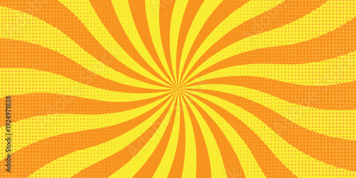 Vector sunburst pattern yellow and orange halftone design. Vintage paper sunrays illustration. sun beam vector banner design comic burst wallpaper.