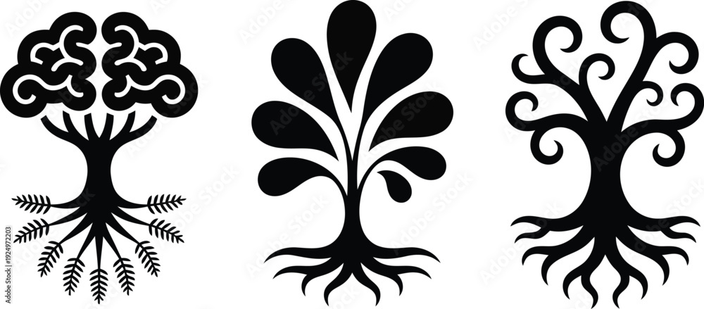 Obraz premium Displaying three unique black stylized tree symbols with extensive root formations on a clear white backdrop