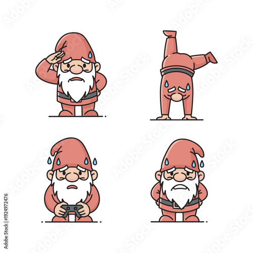 Stressed Santa Claus doing yoga with different emotions on white background