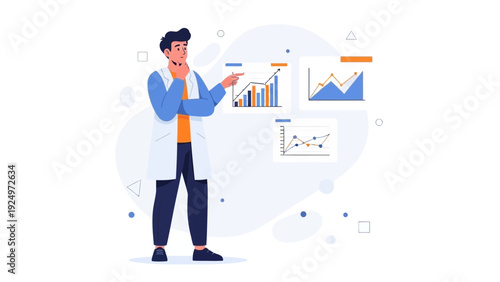 Scientist analyzing financial charts and graphs, career research, data analysis