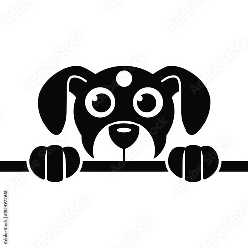 A cute black and white dog peeking over a wooden fence in a playful pose isolated on white background, Vector, illustration