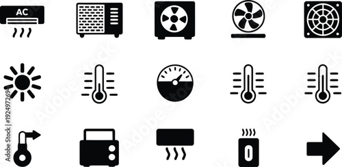 Diverse black icons illustrating climate control, temperature measurement, and heating devices with symbols