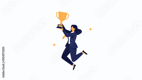 Businesswoman celebrating victory holding a golden trophy, success concept
