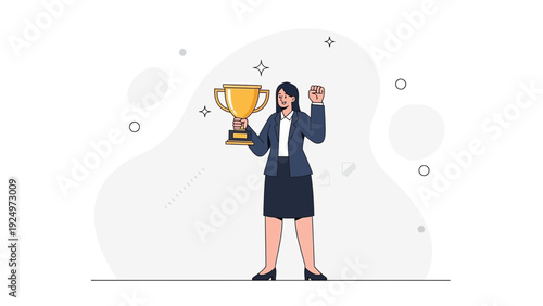 Businesswoman celebrating victory with trophy, success and achievement concept