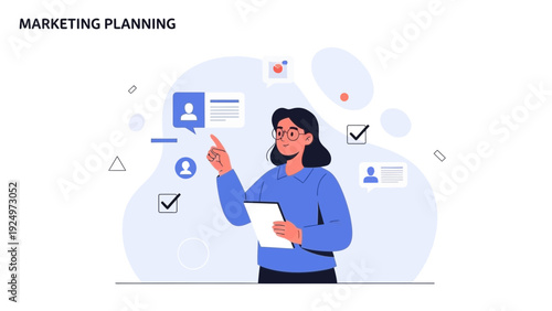 Businesswoman planning marketing strategy with digital tablet and icons