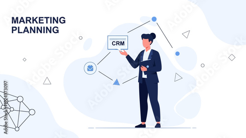 Businesswoman presenting marketing plan with CRM system diagram