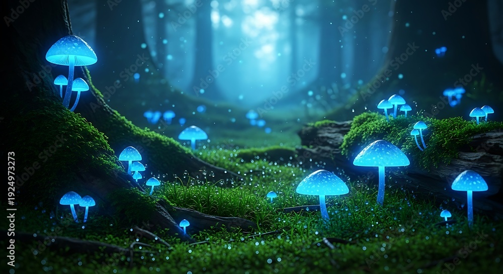Fototapeta premium Numerous glowing blue fungi illuminate a lush, mysterious forest floor at night
