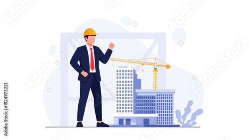 Construction Manager Overseeing Building Project with Crane