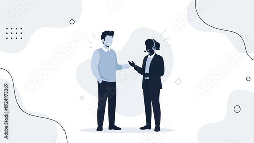 Customer service agent assisting client with headset, communication concept