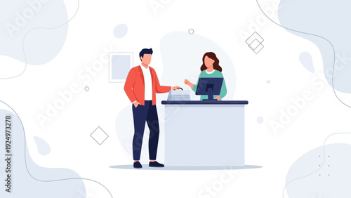 Customer paying at counter, cashier at desk, transaction graphic